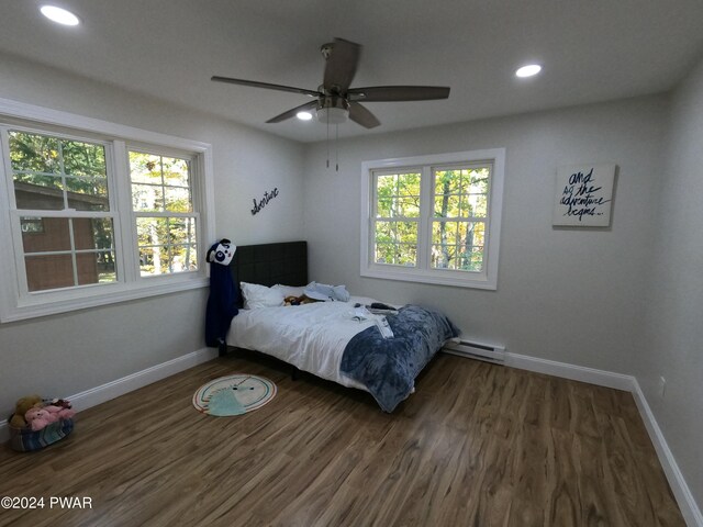 100 Cliff Dr, Lords Valley, PA 18328 - bedroom with baseboard heating, multiple windows, wood finished floors, and recessed lighting