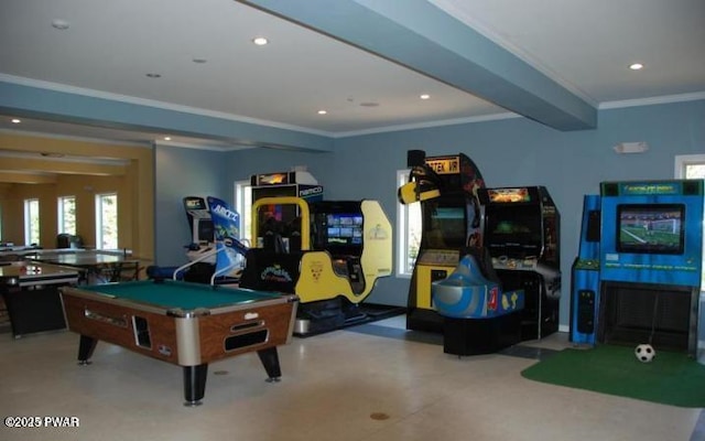 playroom featuring beamed ceiling, crown molding, and pool table