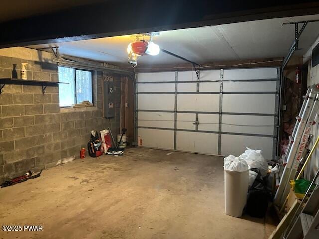 garage featuring a garage door opener and electric panel