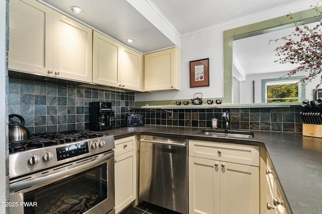 182 Lcpl Jacob Beisel Rd, Lackawaxen, PA 18435 - kitchen with appliances with stainless steel finishes, a sink, dark countertops, tasteful backsplash, and ornamental molding