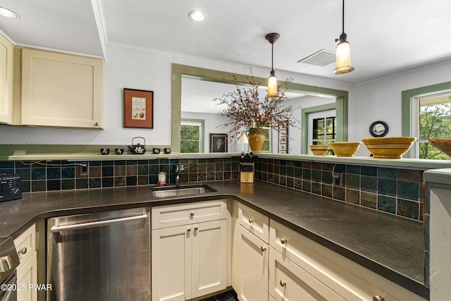 182 Lcpl Jacob Beisel Rd, Lackawaxen, PA 18435 - kitchen featuring stainless steel dishwasher, a sink, decorative backsplash, recessed lighting, and dark countertops