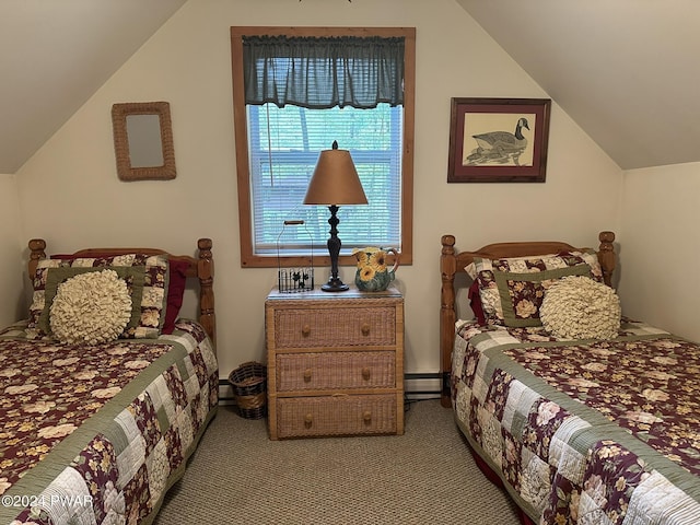 carpeted bedroom featuring vaulted ceiling and baseboard heating