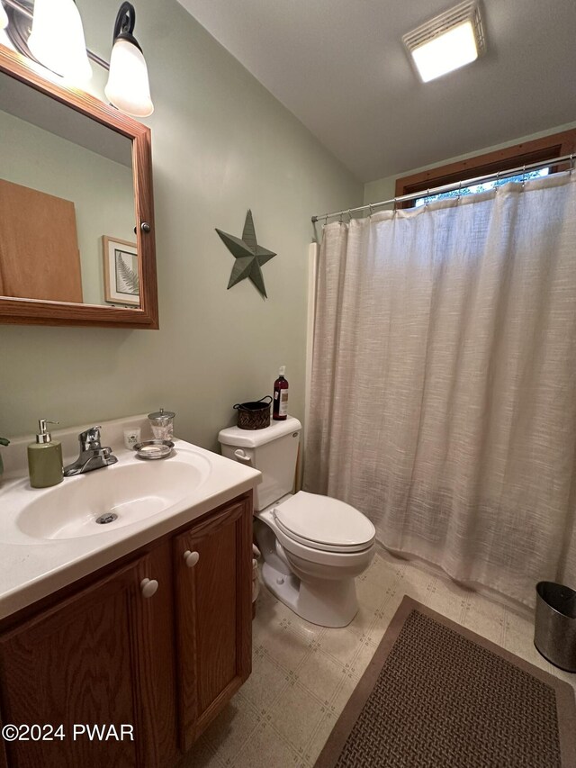 bathroom featuring a shower with curtain, vanity, vaulted ceiling, and toilet