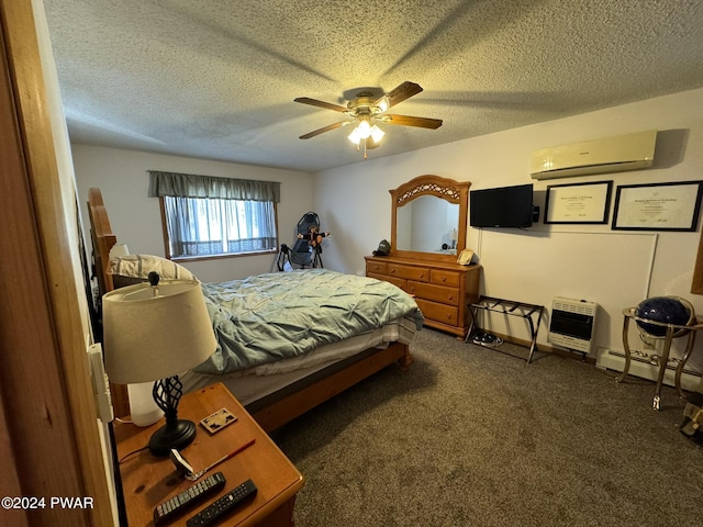 carpeted bedroom with ceiling fan, baseboard heating, a wall mounted AC, heating unit, and a textured ceiling