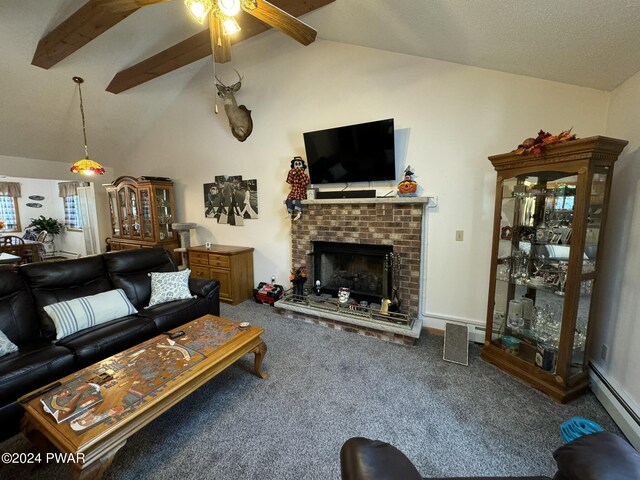 carpeted living room featuring ceiling fan, beamed ceiling, high vaulted ceiling, a baseboard heating unit, and a fireplace