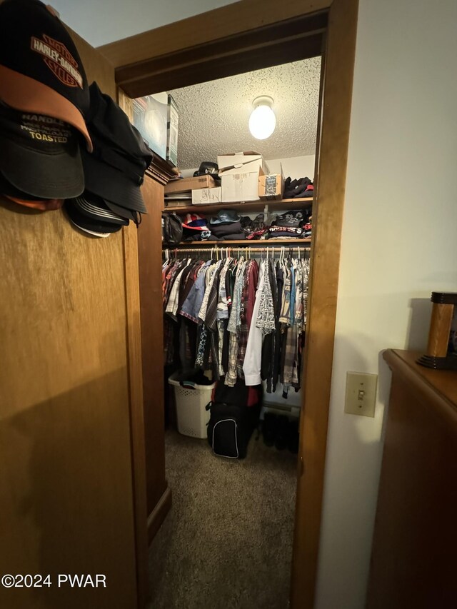 walk in closet with dark carpet