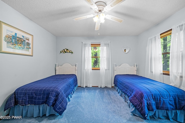 191 Water View Dr, Hawley, PA 18428 - carpeted bedroom featuring multiple windows, a textured ceiling, and ceiling fan
