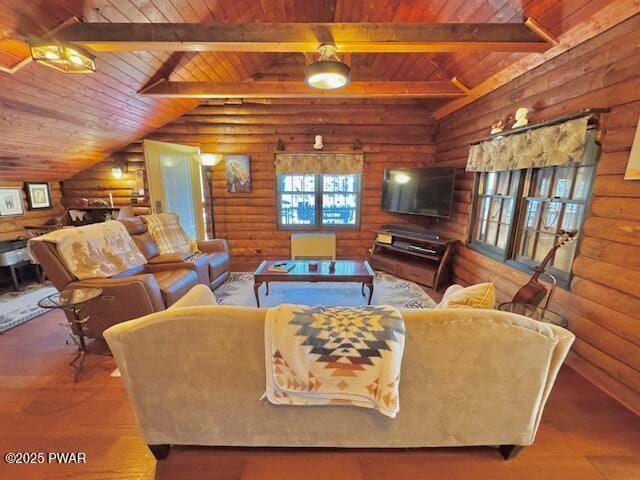 living area with wood ceiling, log walls, and wood finished floors