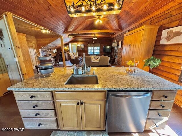kitchen with stainless steel dishwasher, a sink, a ceiling fan, wood ceiling, and light stone countertops
