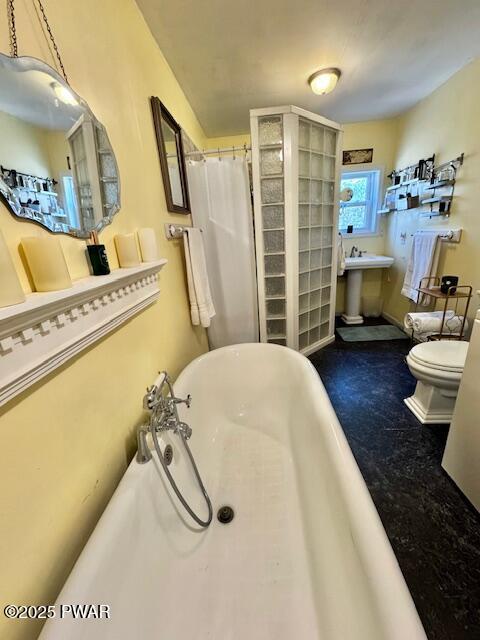 full bath featuring a freestanding tub, toilet, and a sink