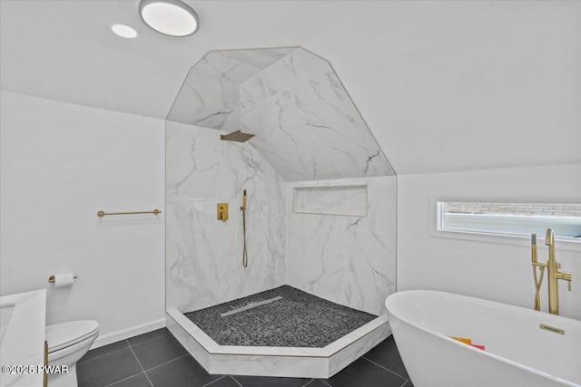 29 Hirshorn Dr, Newfoundland, PA 18445 - bathroom with a soaking tub, a marble finish shower, toilet, and tile patterned floors