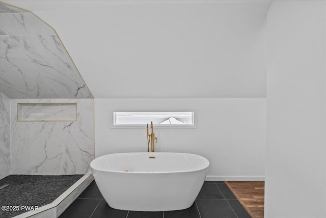 29 Hirshorn Dr, Newfoundland, PA 18445 - bathroom with a freestanding tub, tile patterned flooring, and a marble finish shower