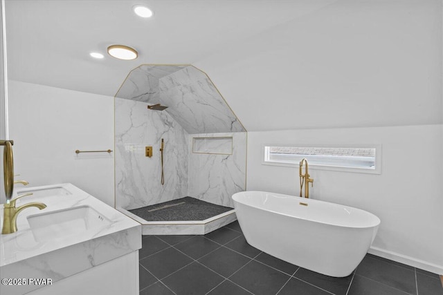 29 Hirshorn Dr, Newfoundland, PA 18445 - bathroom featuring a marble finish shower, a freestanding tub, lofted ceiling, double vanity, and tile patterned floors