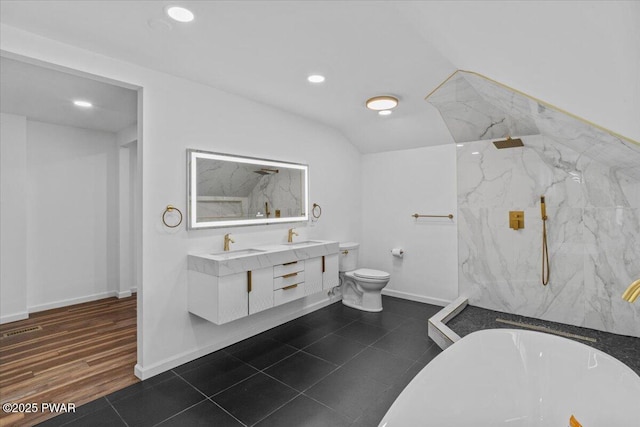 29 Hirshorn Dr, Newfoundland, PA 18445 - full bathroom featuring a soaking tub, double vanity, a marble finish shower, recessed lighting, and toilet