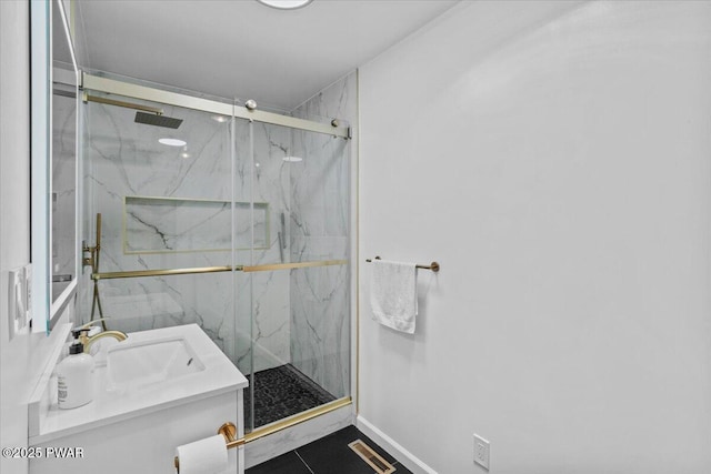 29 Hirshorn Dr, Newfoundland, PA 18445 - bathroom featuring vanity, a marble finish shower, and baseboards