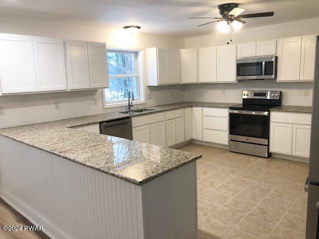 kitchen featuring white cabinets, sink, kitchen peninsula, and stainless steel appliances