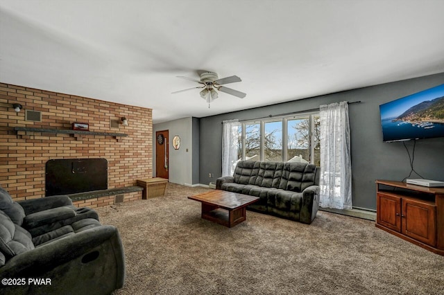 carpeted living room with baseboard heating and ceiling fan