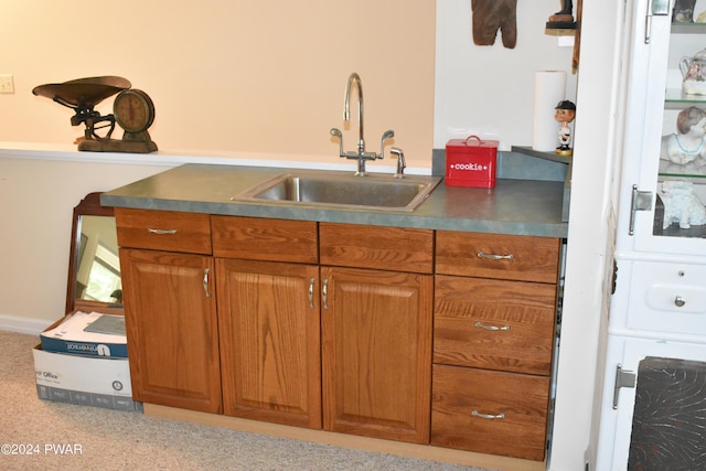 kitchen featuring sink and light carpet