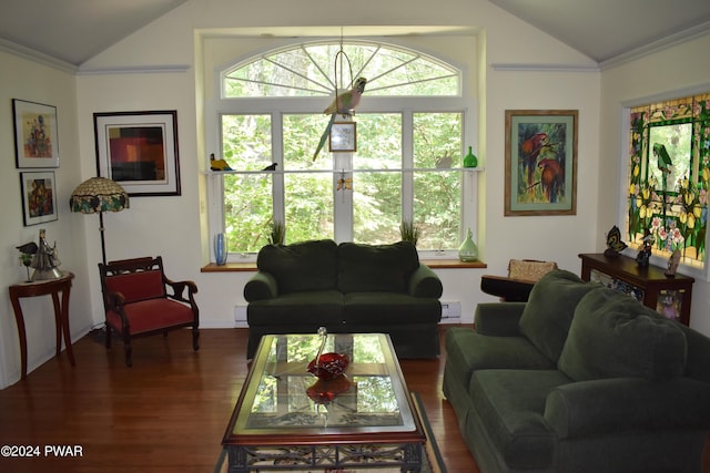 living room featuring dark hardwood / wood-style floors, lofted ceiling, crown molding, and an inviting chandelier