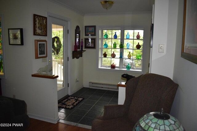 doorway featuring dark tile patterned flooring, crown molding, and a baseboard heating unit