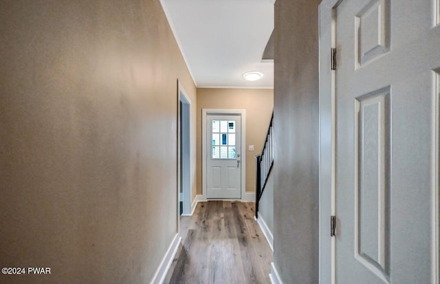 hallway featuring crown molding and light wood-type flooring