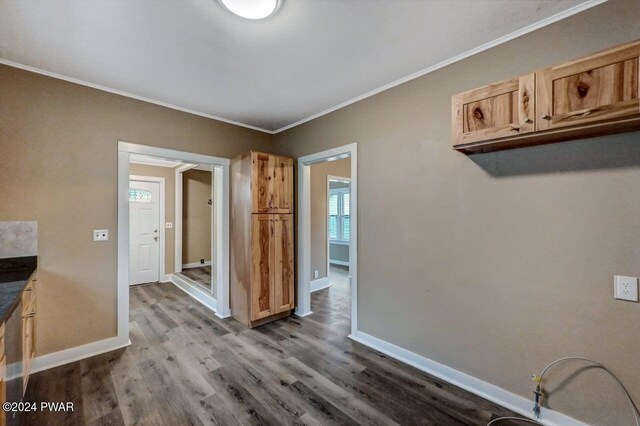 interior space featuring hardwood / wood-style floors and ornamental molding