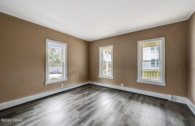 empty room with a baseboard radiator, plenty of natural light, and dark wood-type flooring