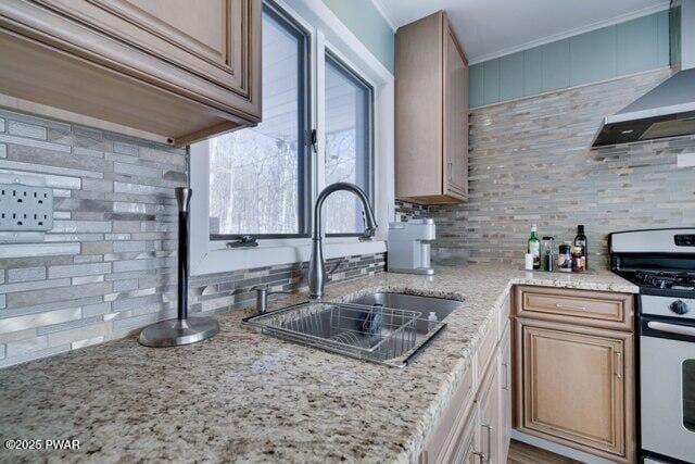 kitchen featuring sink, wall chimney range hood, light stone counters, white range with gas cooktop, and decorative backsplash