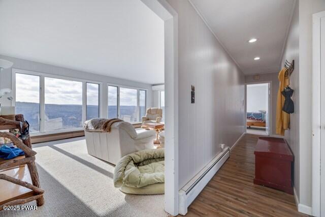 hall featuring dark hardwood / wood-style floors, ornamental molding, and baseboard heating