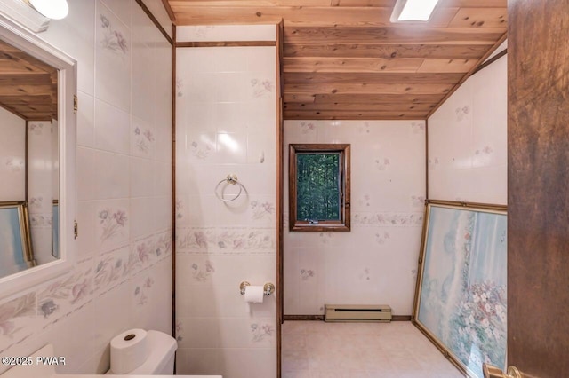 77 Brookfield Rd, Lake Ariel, PA 18436 - bathroom featuring a baseboard radiator, wood ceiling, and tile walls