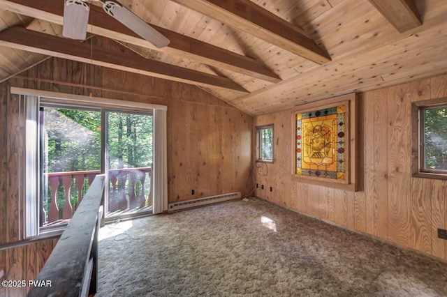 77 Brookfield Rd, Lake Ariel, PA 18436 - empty room with a baseboard heating unit, wood walls, wooden ceiling, and ceiling fan