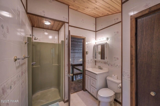 77 Brookfield Rd, Lake Ariel, PA 18436 - bathroom with a stall shower, vanity, wood ceiling, and tile walls