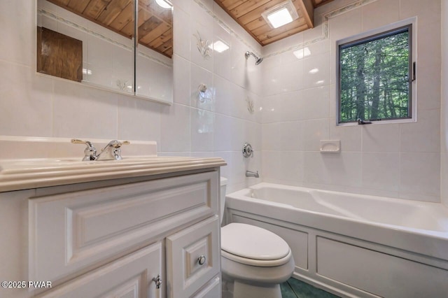 77 Brookfield Rd, Lake Ariel, PA 18436 - bathroom with wood ceiling, vanity, shower / bath combination, and tile walls