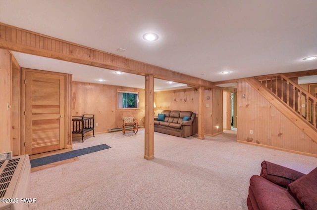77 Brookfield Rd, Lake Ariel, PA 18436 - finished below grade area featuring stairs, wooden walls, baseboard heating, carpet, and recessed lighting