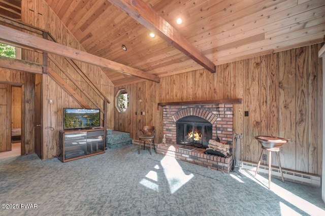 77 Brookfield Rd, Lake Ariel, PA 18436 - unfurnished living room with baseboard heating, wood walls, carpet flooring, wooden ceiling, and a fireplace
