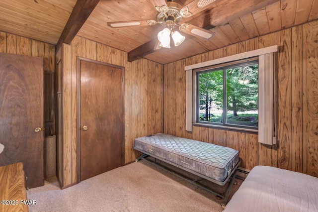 77 Brookfield Rd, Lake Ariel, PA 18436 - bedroom with wooden walls, a wood ceiling with exposed beams, carpet flooring, and a ceiling fan