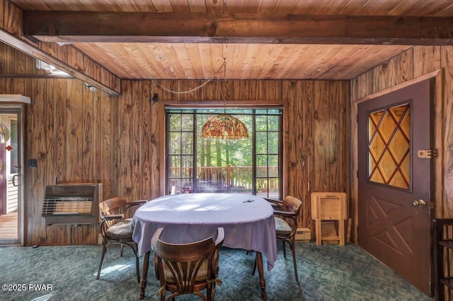 77 Brookfield Rd, Lake Ariel, PA 18436 - carpeted dining space with a wood ceiling with exposed beams and wood walls