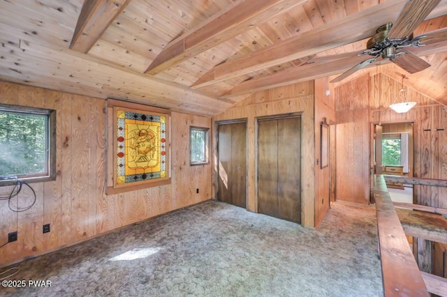 77 Brookfield Rd, Lake Ariel, PA 18436 - unfurnished bedroom with multiple windows, wood walls, multiple closets, carpet floors, and wood ceiling
