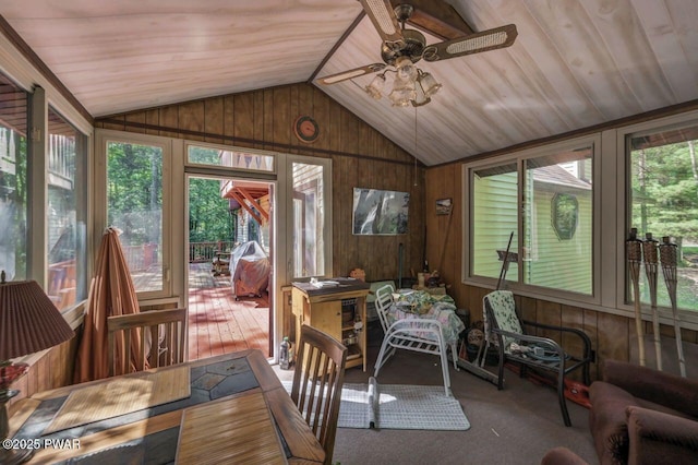 77 Brookfield Rd, Lake Ariel, PA 18436 - sunroom / solarium with vaulted ceiling, wooden walls, a ceiling fan, wooden ceiling, and carpet floors
