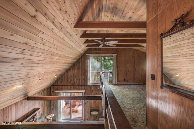 77 Brookfield Rd, Lake Ariel, PA 18436 - additional living space with a baseboard radiator, lofted ceiling, wood walls, wood ceiling, and a ceiling fan