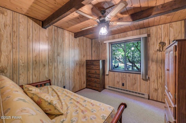 77 Brookfield Rd, Lake Ariel, PA 18436 - carpeted bedroom featuring a baseboard radiator, a wood ceiling with exposed beams, and wooden walls