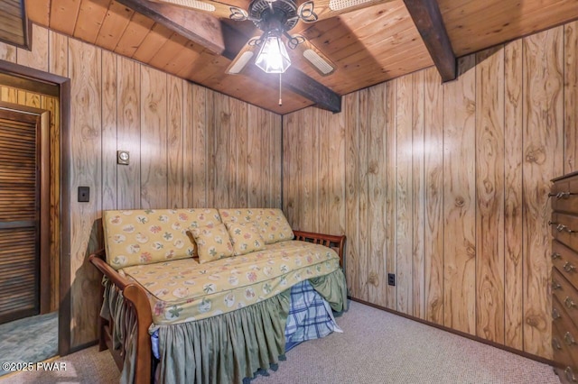 77 Brookfield Rd, Lake Ariel, PA 18436 - bedroom featuring carpet floors, a wooden ceiling with exposed beams, and wood walls