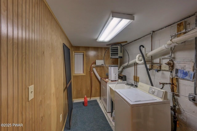 77 Brookfield Rd, Lake Ariel, PA 18436 - laundry room featuring washing machine and clothes dryer, wooden walls, and carpet