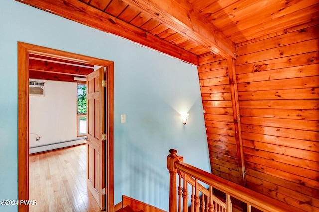 corridor with beamed ceiling, light wood-type flooring, wood ceiling, and a baseboard radiator