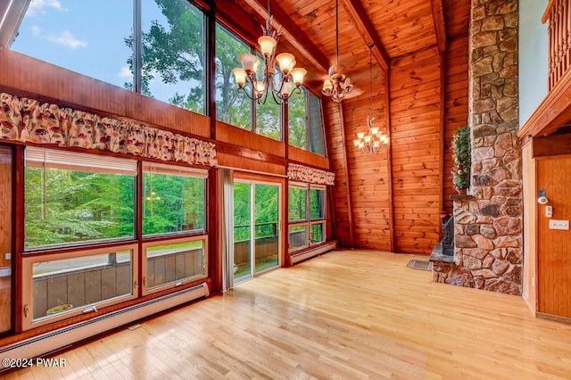 unfurnished sunroom featuring lofted ceiling with beams, an inviting chandelier, wooden ceiling, and a baseboard heating unit