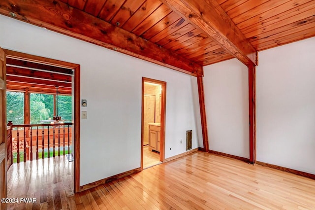 unfurnished room with light hardwood / wood-style floors, beam ceiling, and wood ceiling