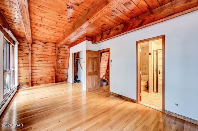 unfurnished room featuring beam ceiling, light wood-type flooring, wooden ceiling, and a wealth of natural light