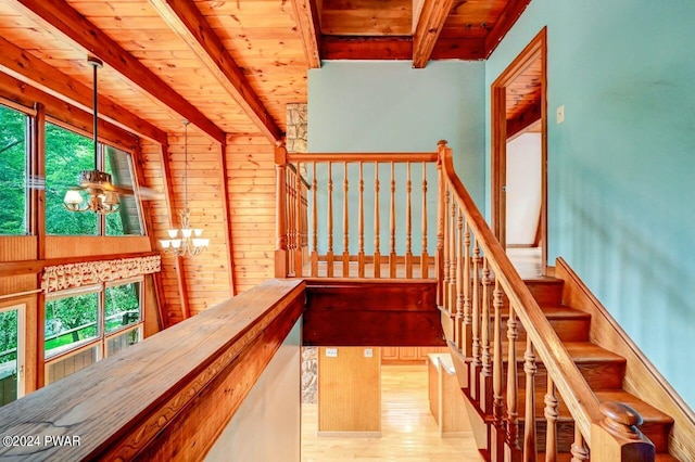 stairway featuring a chandelier, beam ceiling, wooden walls, and wooden ceiling