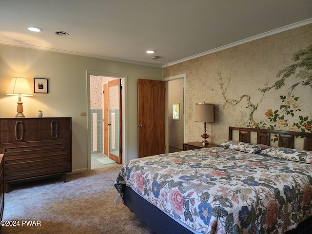 bedroom featuring carpet flooring and crown molding