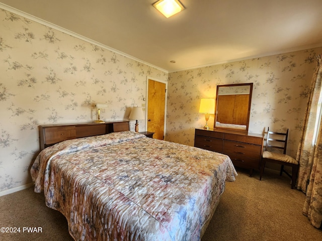 bedroom featuring carpet flooring and crown molding